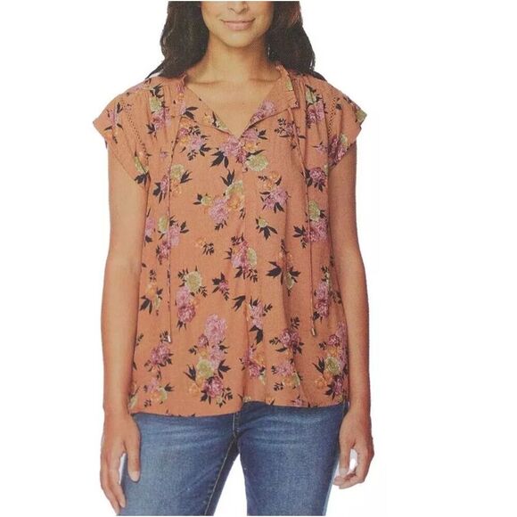 ❄️3/$18 BUFFALO BY DAVID BITTON Floral‎ Boho Flutter Sleeve Top, Large - Picture 1 of 9